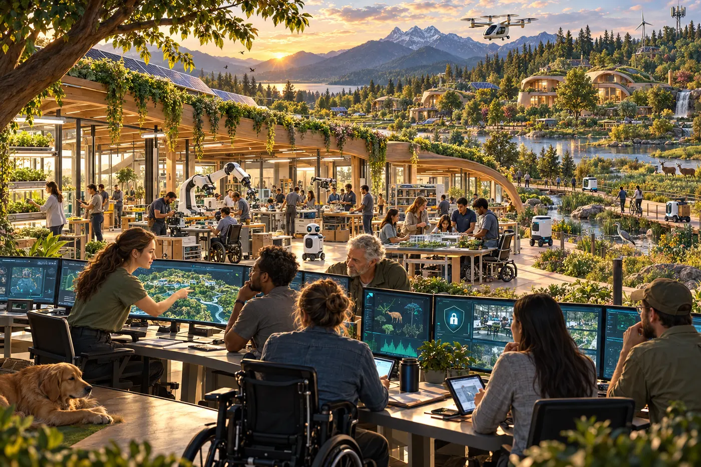 Concept artwork of a human-led command centre connected to education, robotics, manufacturing, renewable systems, wildlife, regenerative homes and electric mobility