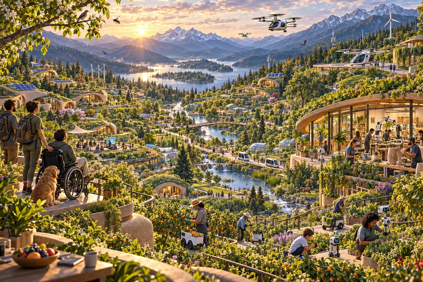 Concept artwork of people, wildlife, robotics, electric VTOLs, renewable infrastructure and organic 3D-printed homes connected through mountain fruit forests and water systems