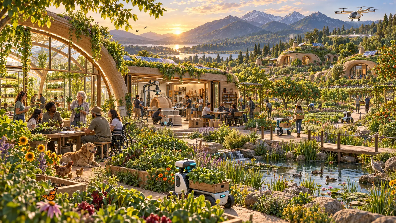 Concept artwork of a human-scale learning and enterprise community with a greenhouse classroom, open fabrication workshop, accessible gardens, earthen homes, helpful robots, animals and a small electric VTOL