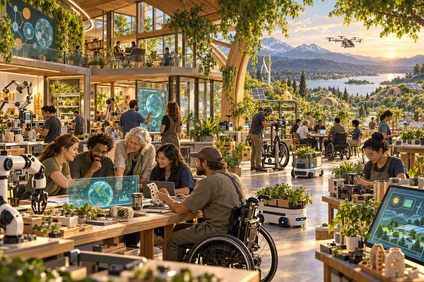 Concept artwork of diverse people learning, designing and building with robotics, digital systems and assistive technology in a nature-integrated Business Factory and University
